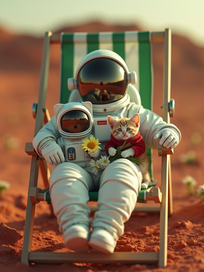 Astronauts and Kitten Relaxing on Mars-like Landscape