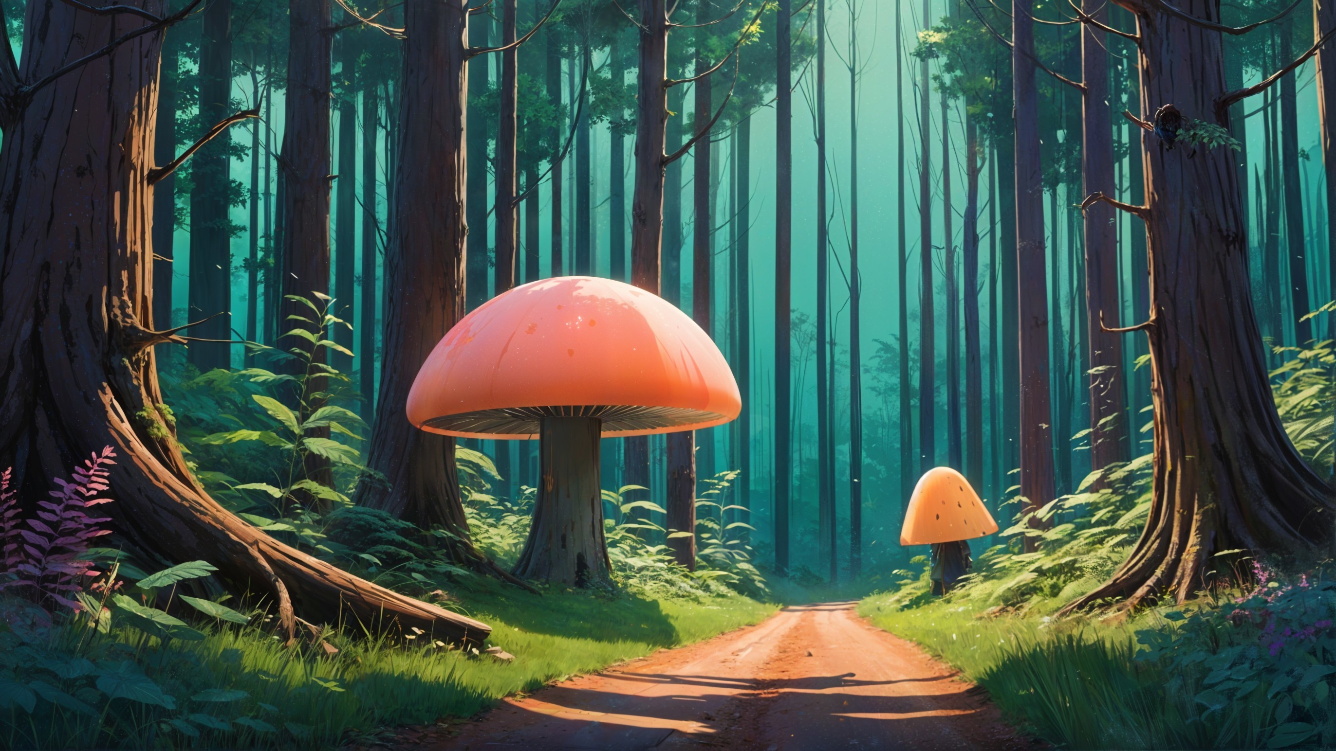 Tranquil Forest with Whimsical Mushrooms and Pathway