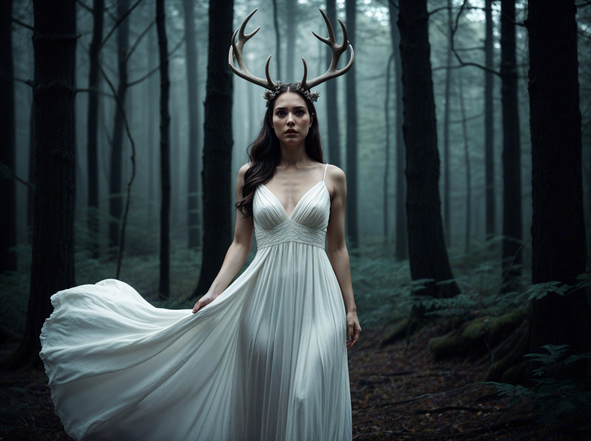 Mystical Woman in White Gown with Antlers in Forest