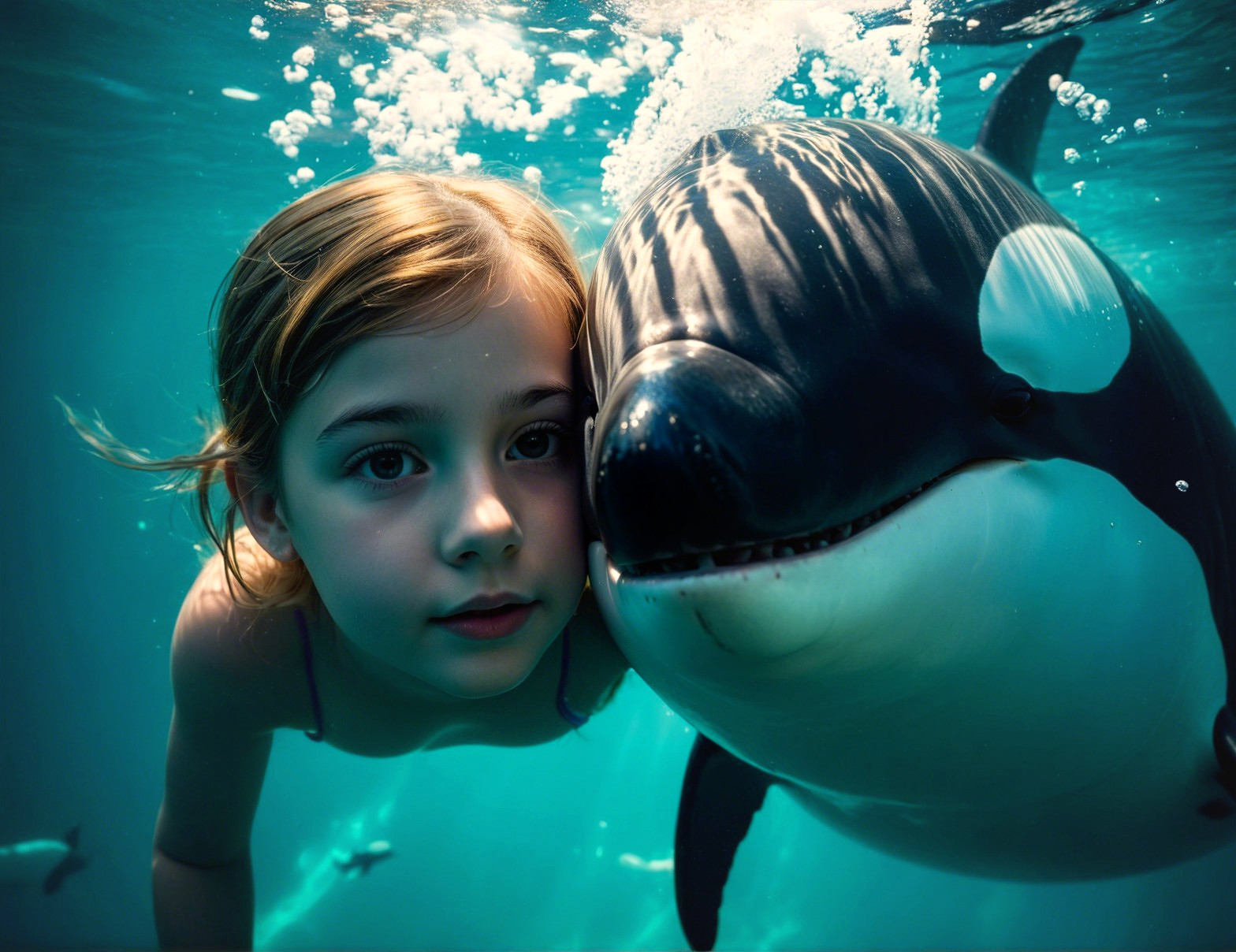 Young girl swims with playful orca in clear ocean
