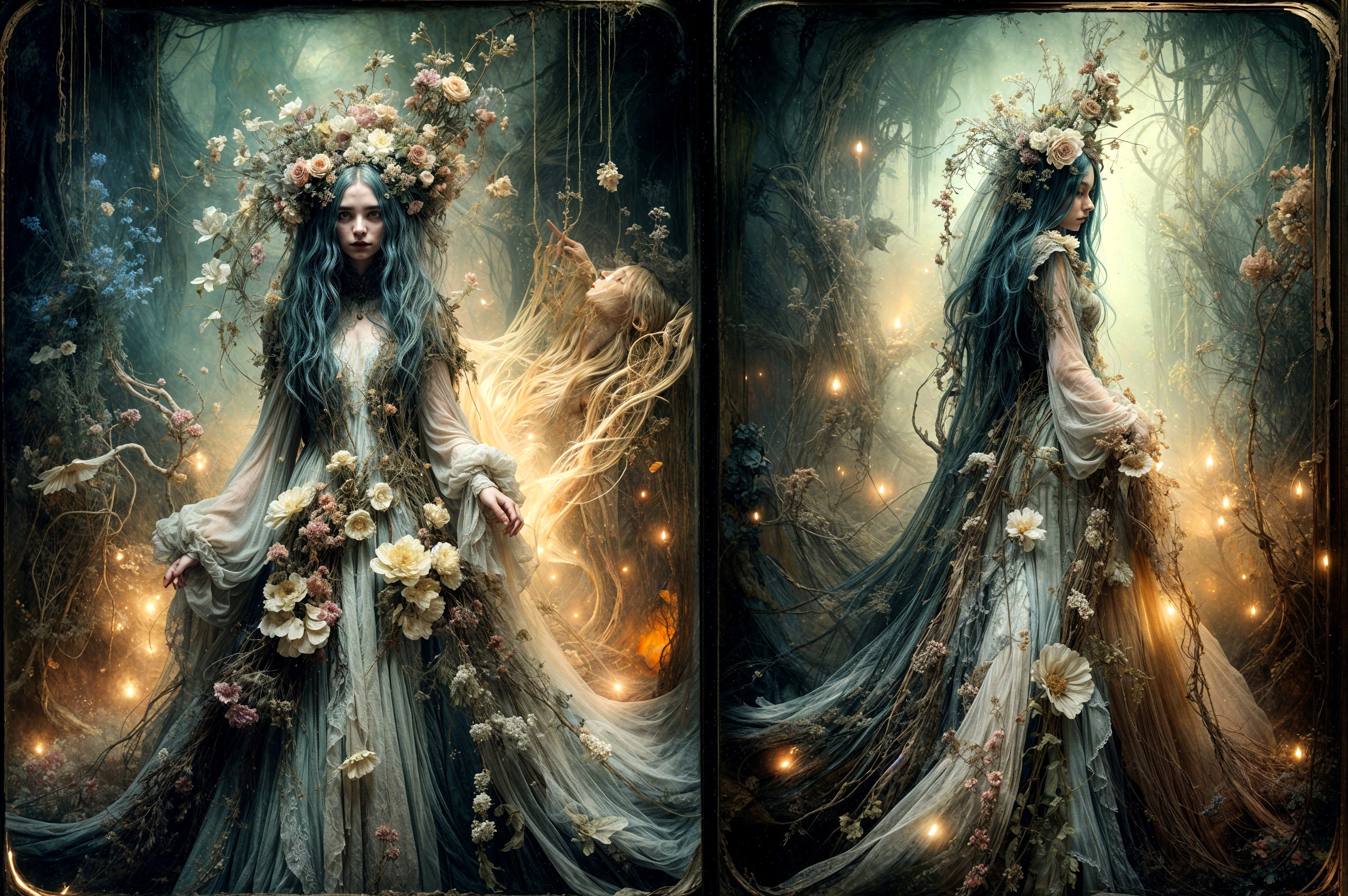 Mystical Forest Scene with Ethereal Gown and Flora