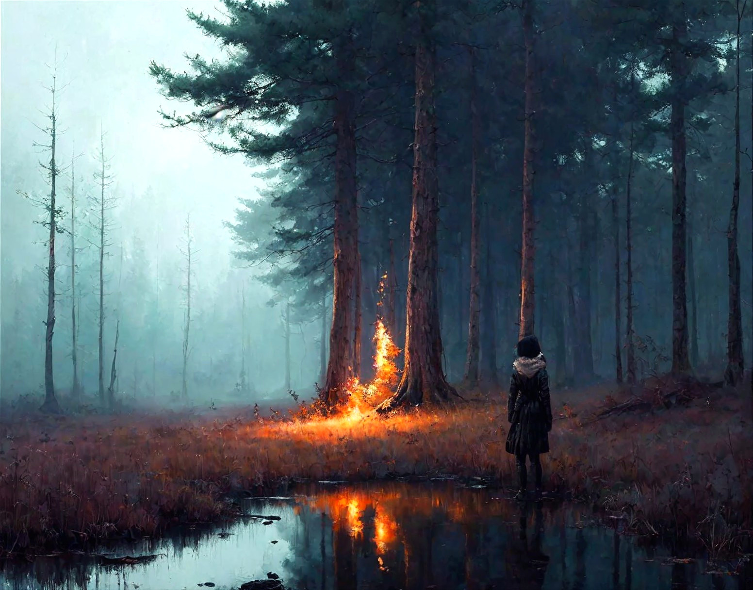 Misty Forest Scene with Burning Tree and Pond