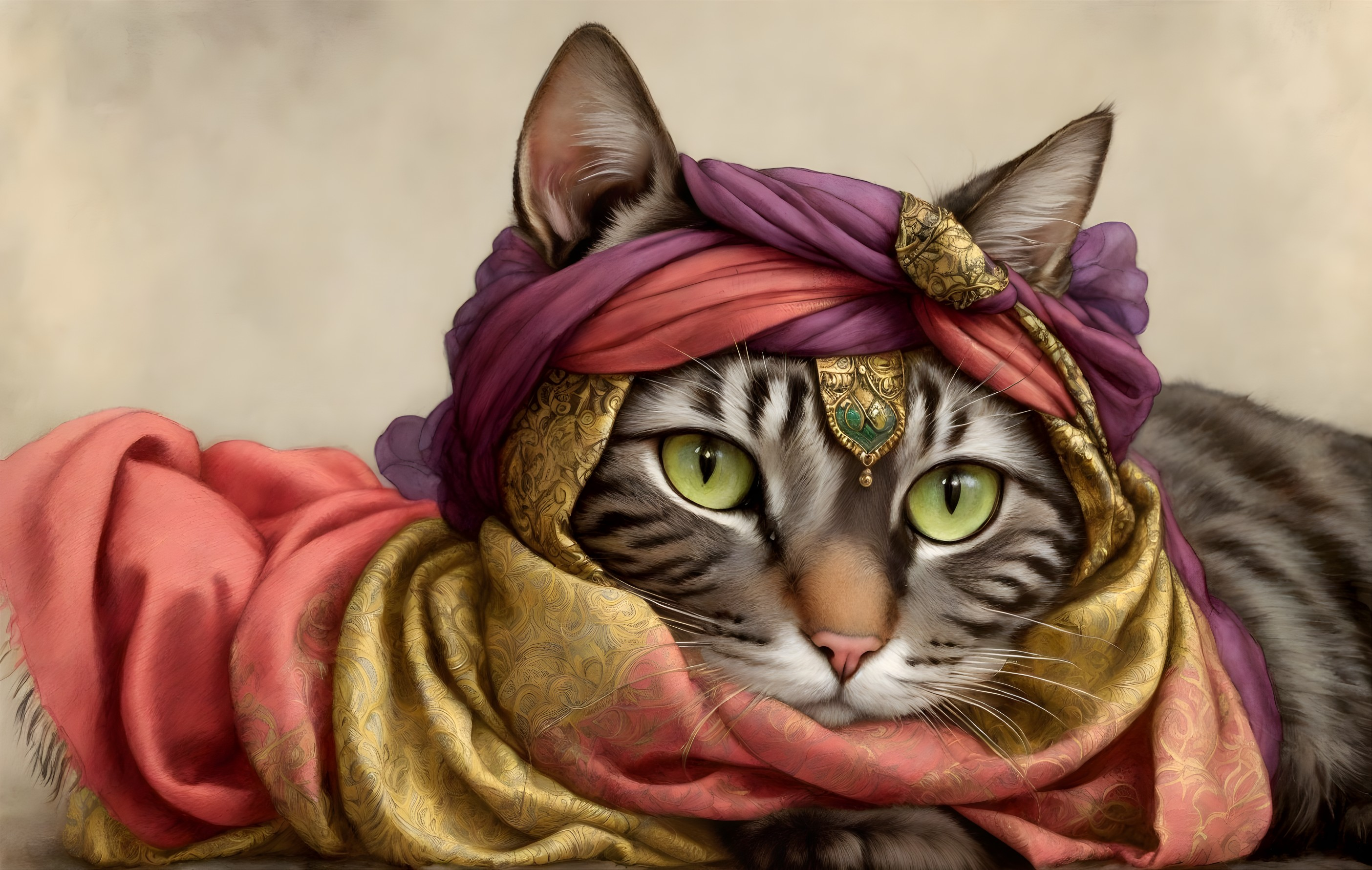 Cat with Green Eyes in Colorful Turban & Scarf with Gold Embellishment