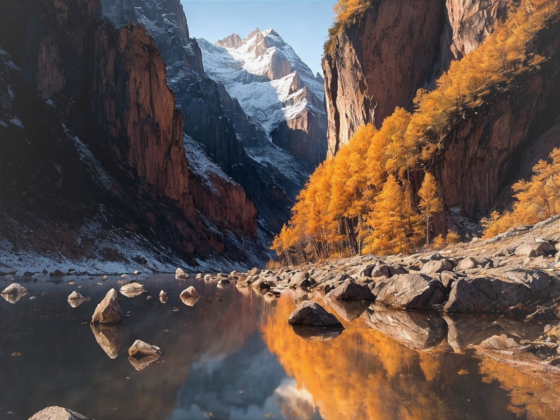 Autumn Landscape with Rocky Cliffs and Calm Water