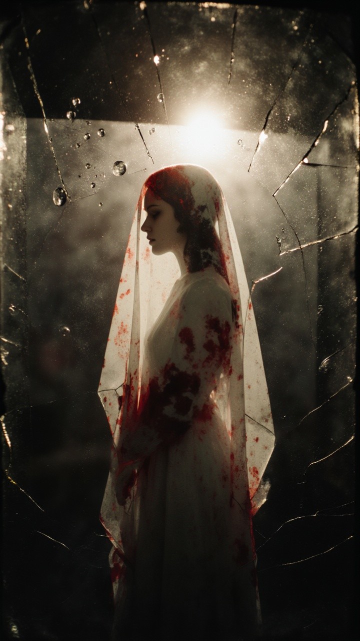 Haunting Figure in White Dress with Crimson Veil