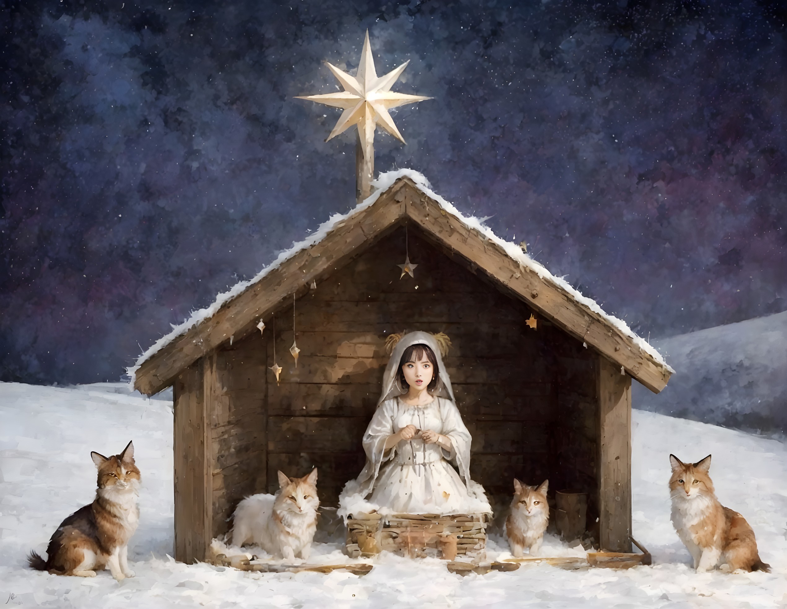 Young person in nativity-like setting with star and four foxes in snowy landscape