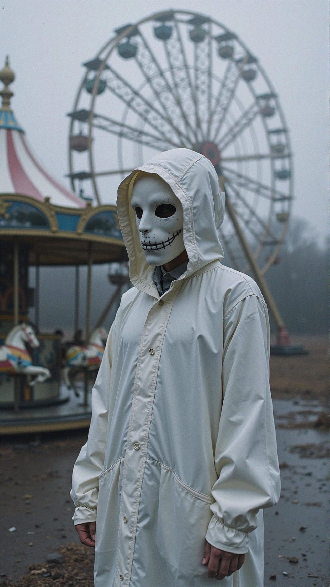 Foggy Amusement Park with Figure in Skeleton Mask