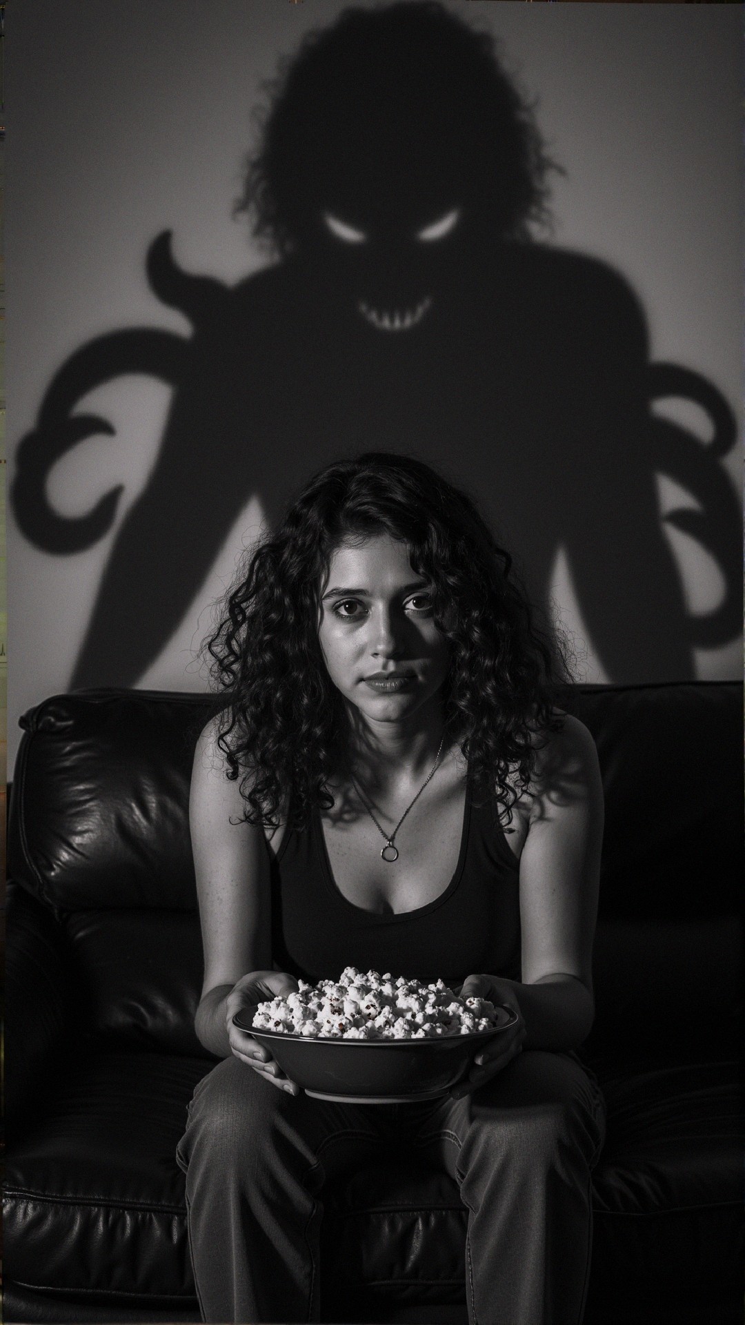Young Woman with Popcorn and Ominous Shadow in Room