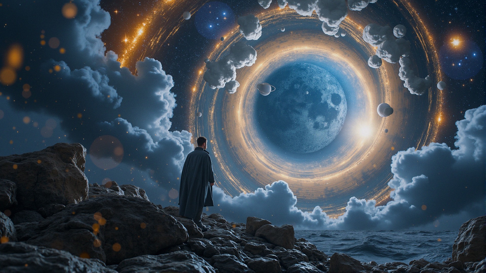 Figure on Rocky Shore Gazing at Cosmic Portal