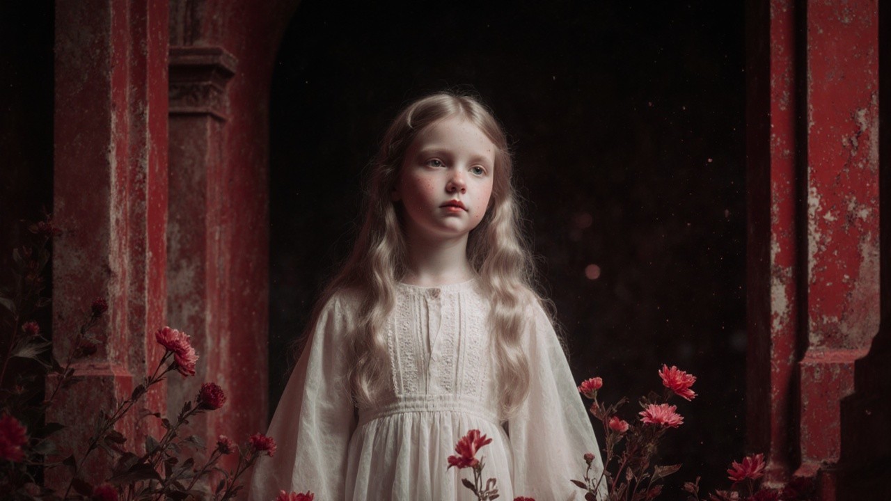 Young girl in white dress among blooming flowers