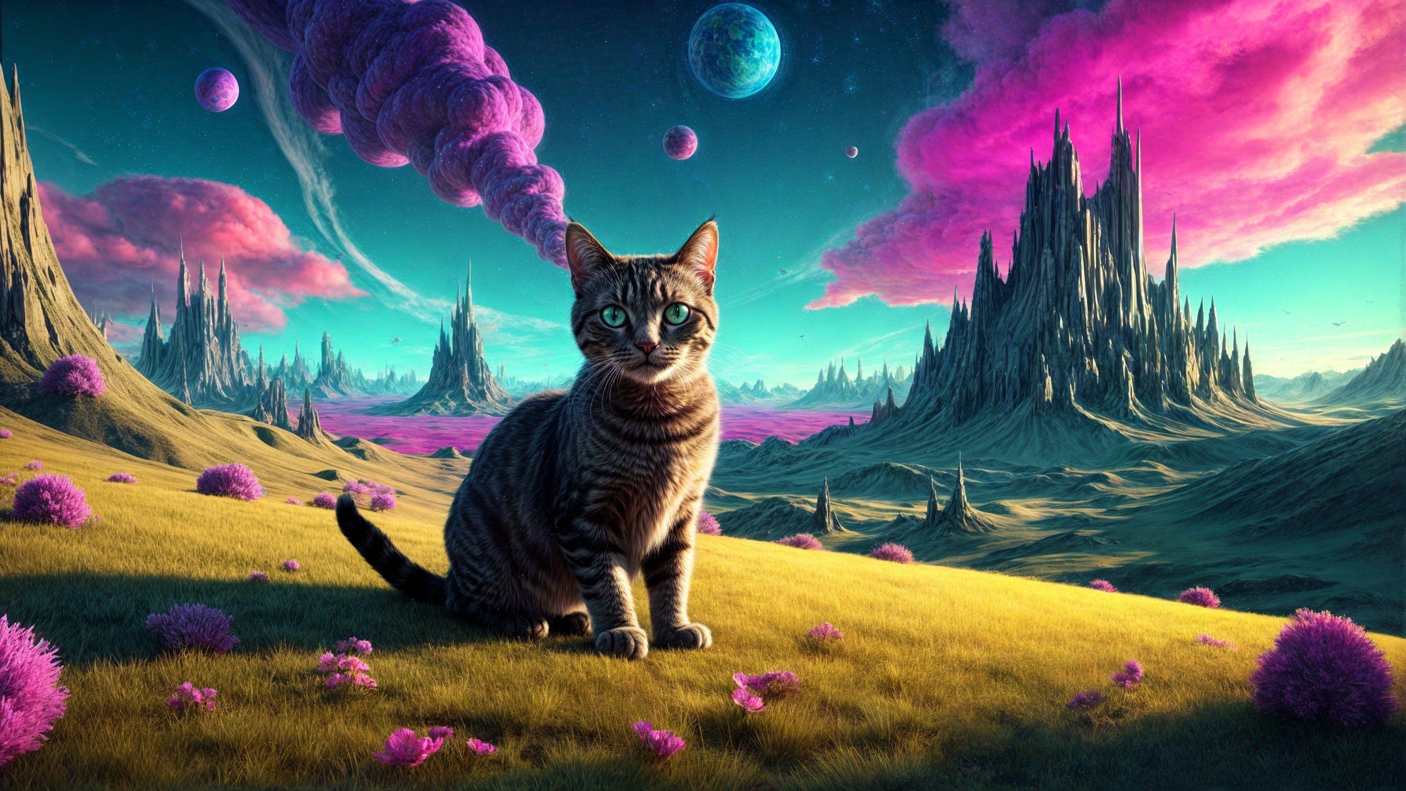 Striped Cat on Vibrant Alien Landscape with Crystals