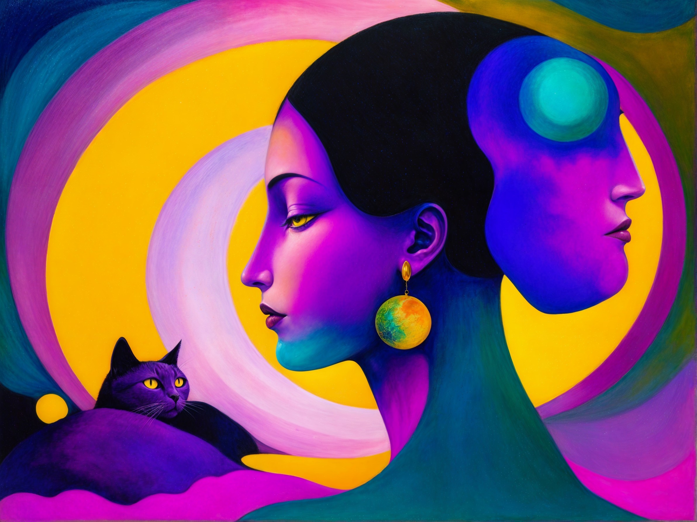 Profile Silhouettes of Women with Cat and Swirling Patterns