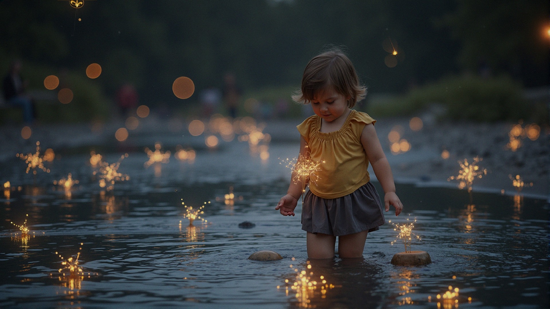 Child in yellow top wading through sparkly water