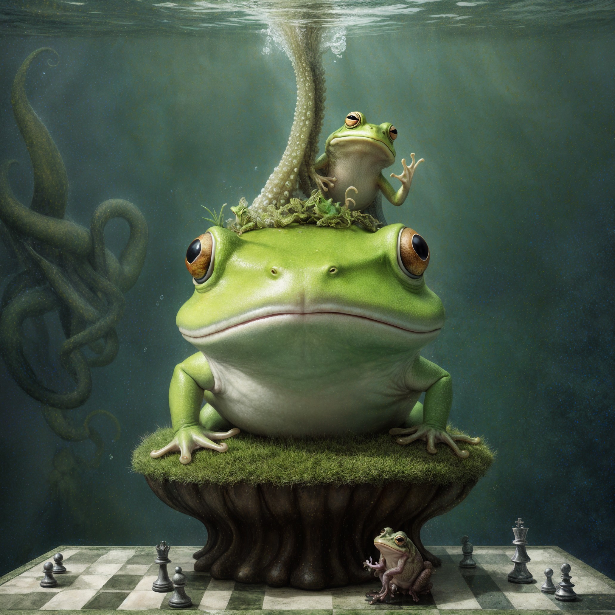 Whimsical Underwater Scene with Frogs and Chessboard