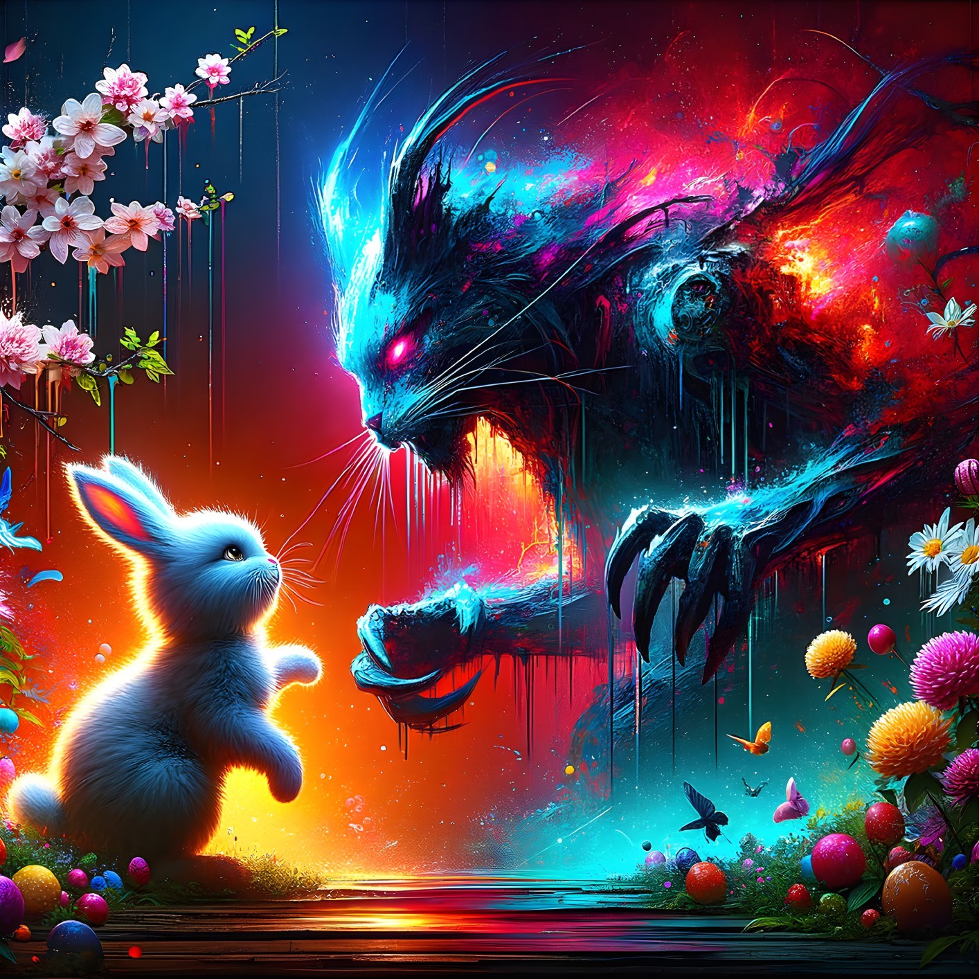 Vibrant Cosmic Scene with Cat and Bunny Surrounded by Flowers