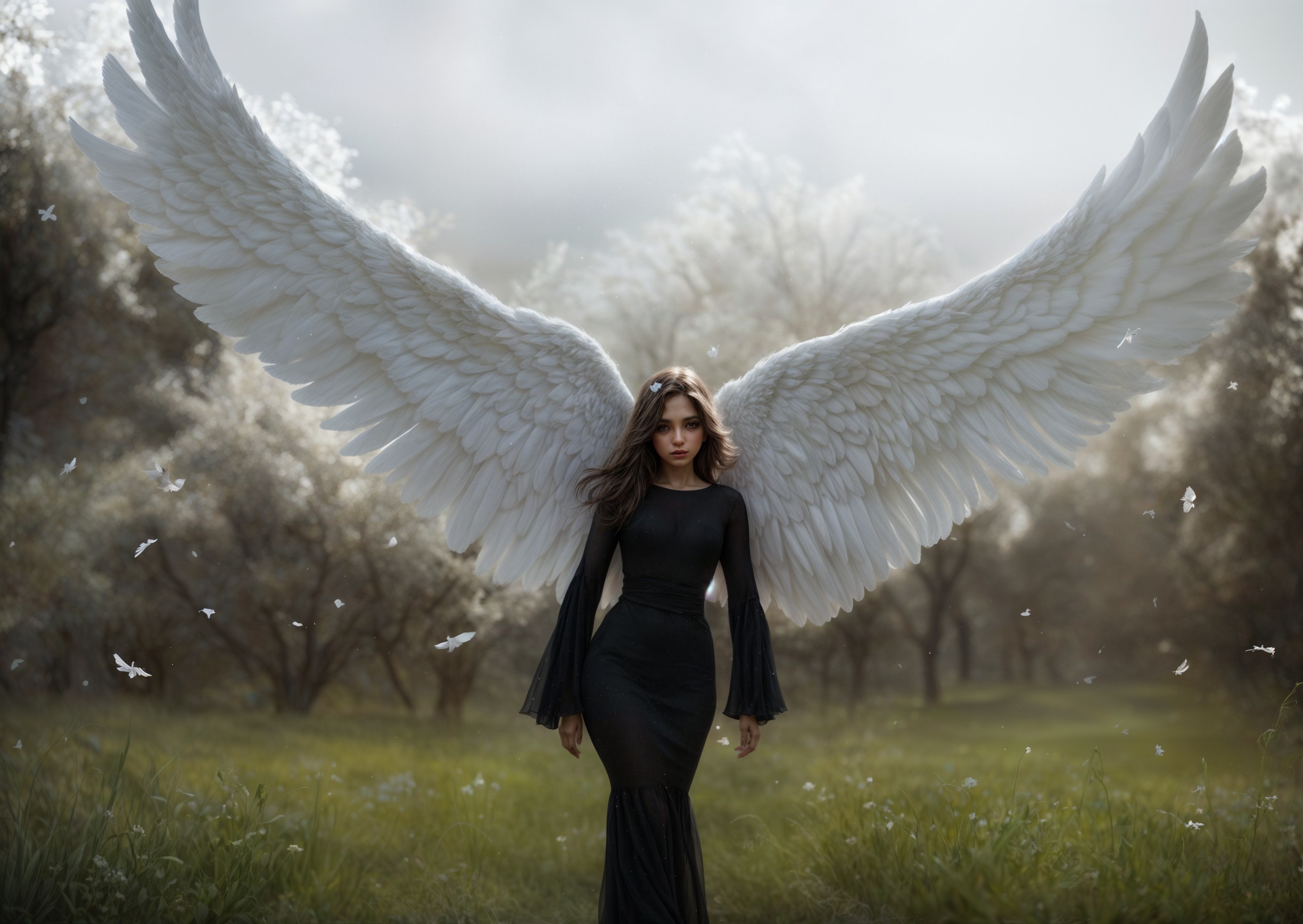 Angelic Woman in Elegant Dress with Feathered Wings
