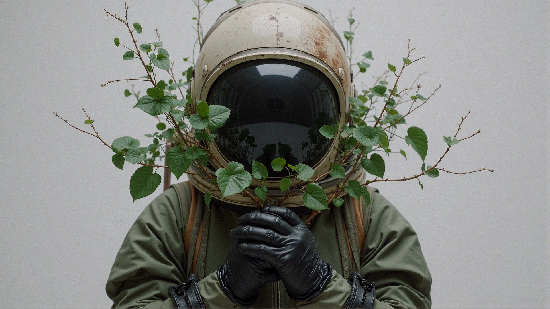 Astronaut in Nature-Inspired Helmet Against Minimalist Backdrop