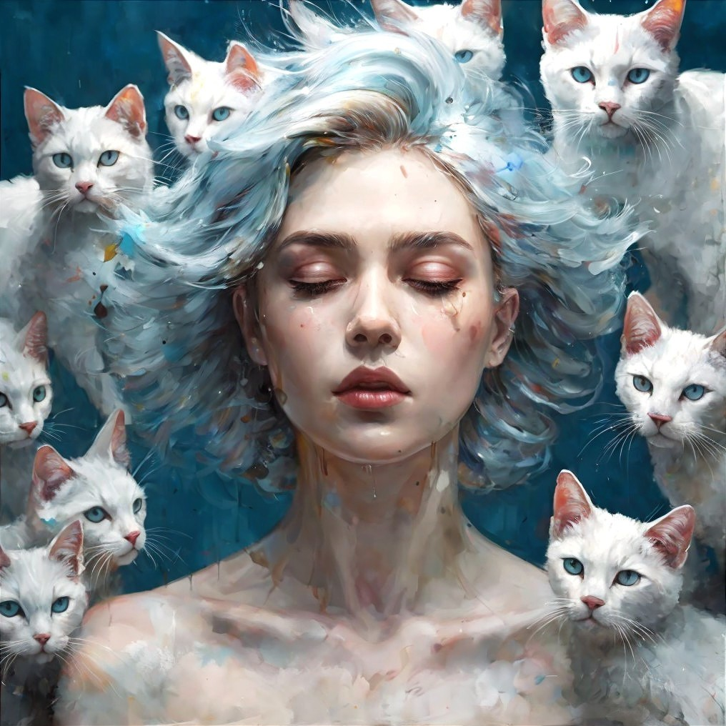 Serene portrait of a woman with blue hair and cats