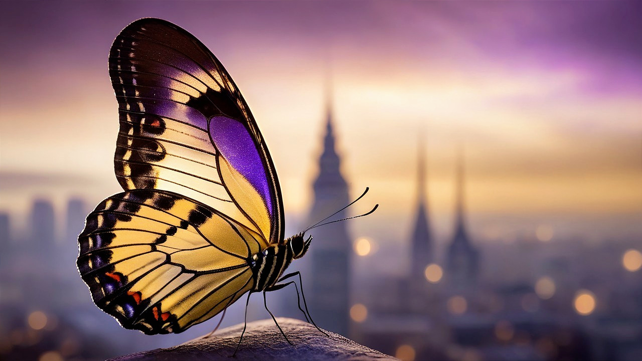 Butterfly on Ledge with City Skyline at Dusk