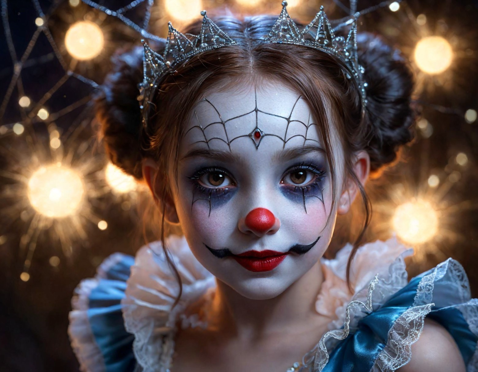 Young girl in whimsical clown makeup and dress