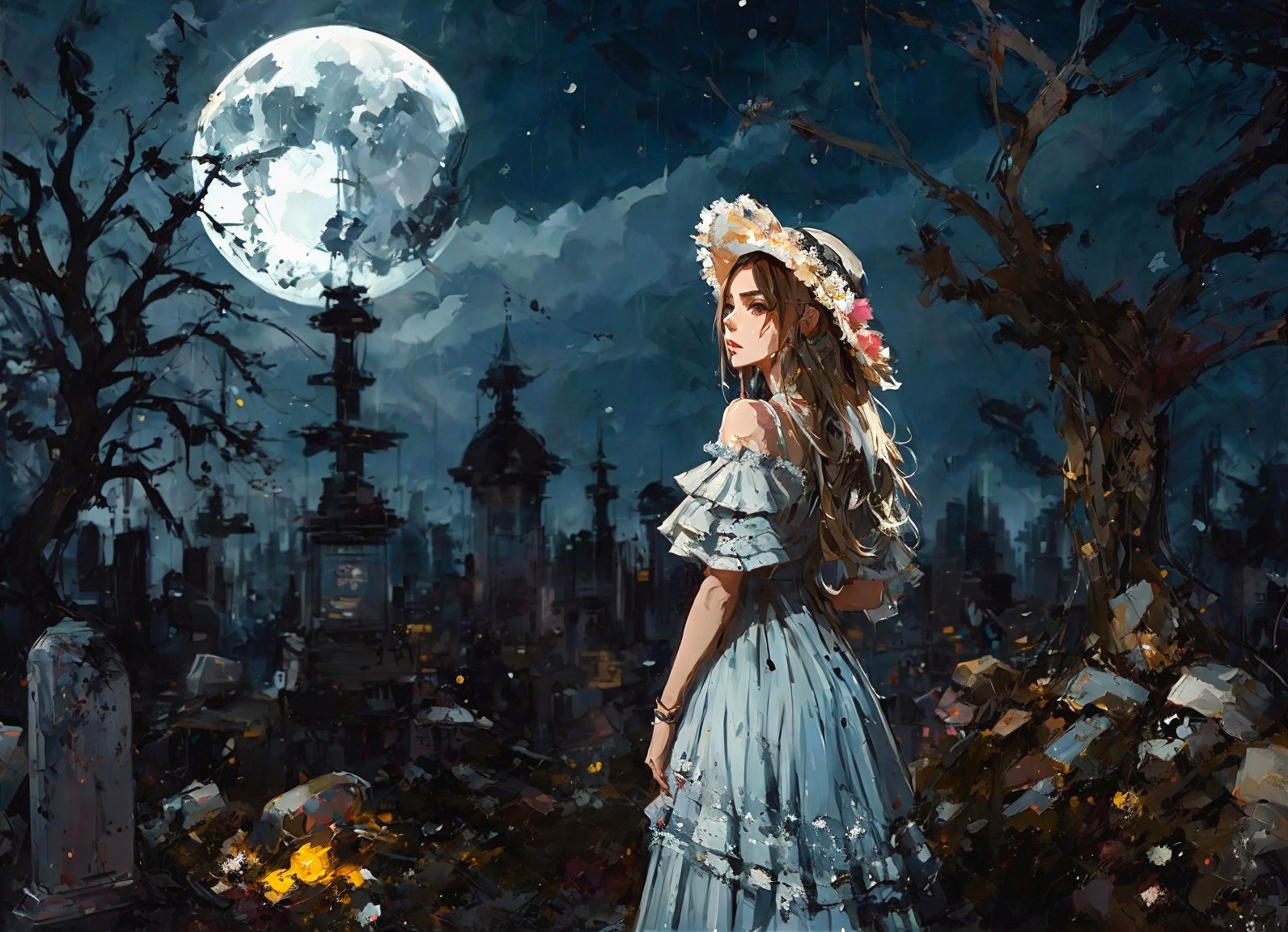 Young Woman in Moonlit Graveyard with Blue Dress