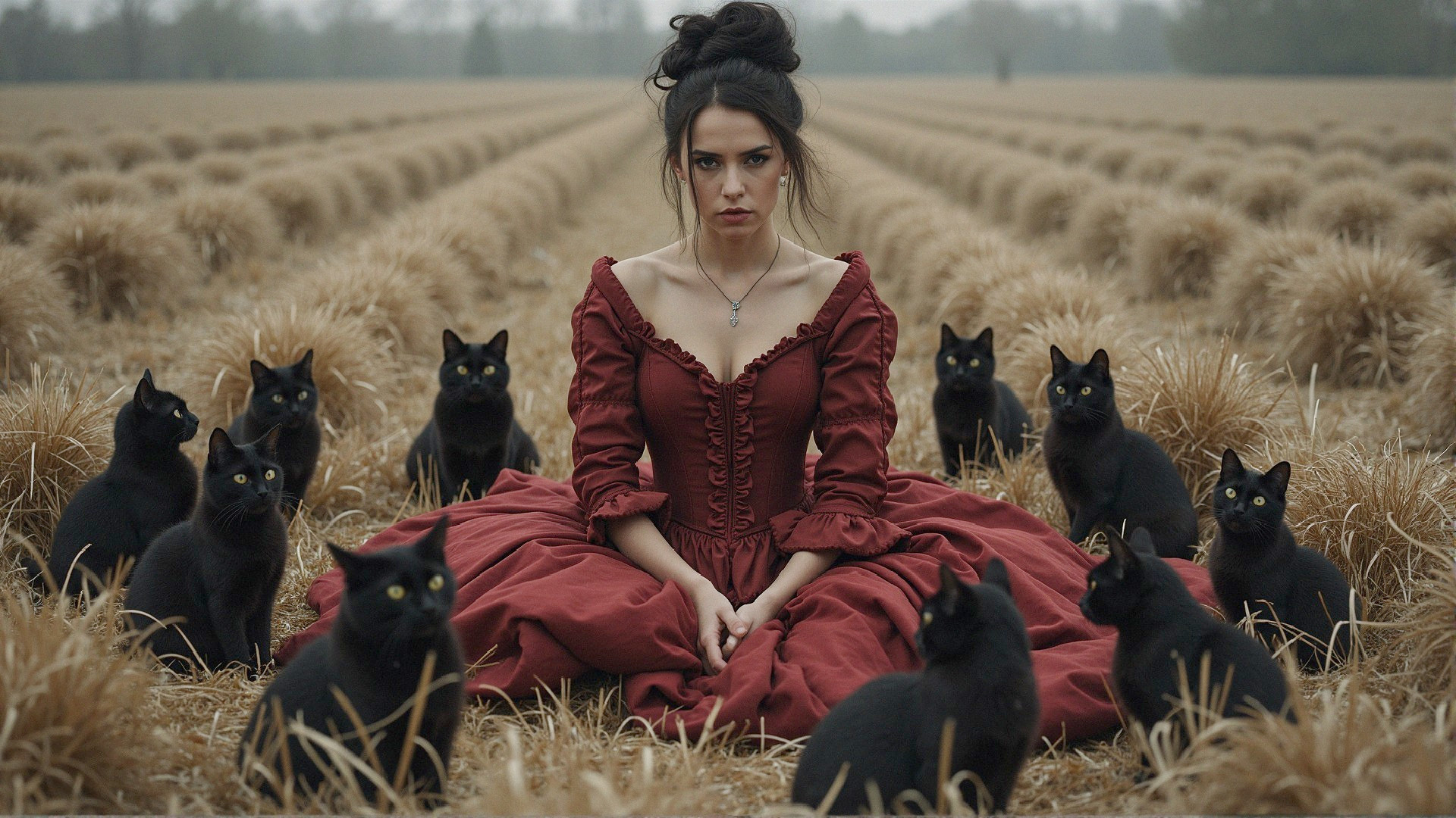 Woman in Red Gown Surrounded by Cats in Wheat Field