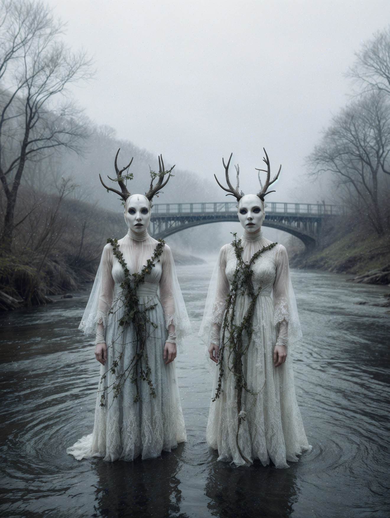 Figures in White Gowns with Antlers in Misty River