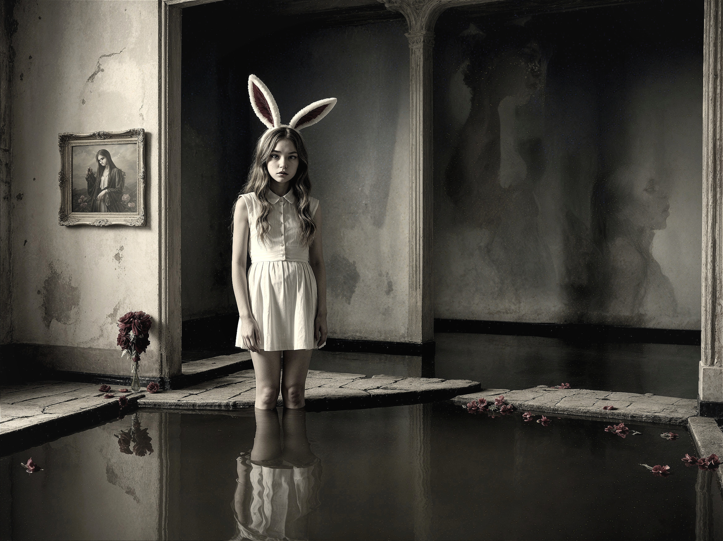 Young girl in white dress with bunny ears in dark room