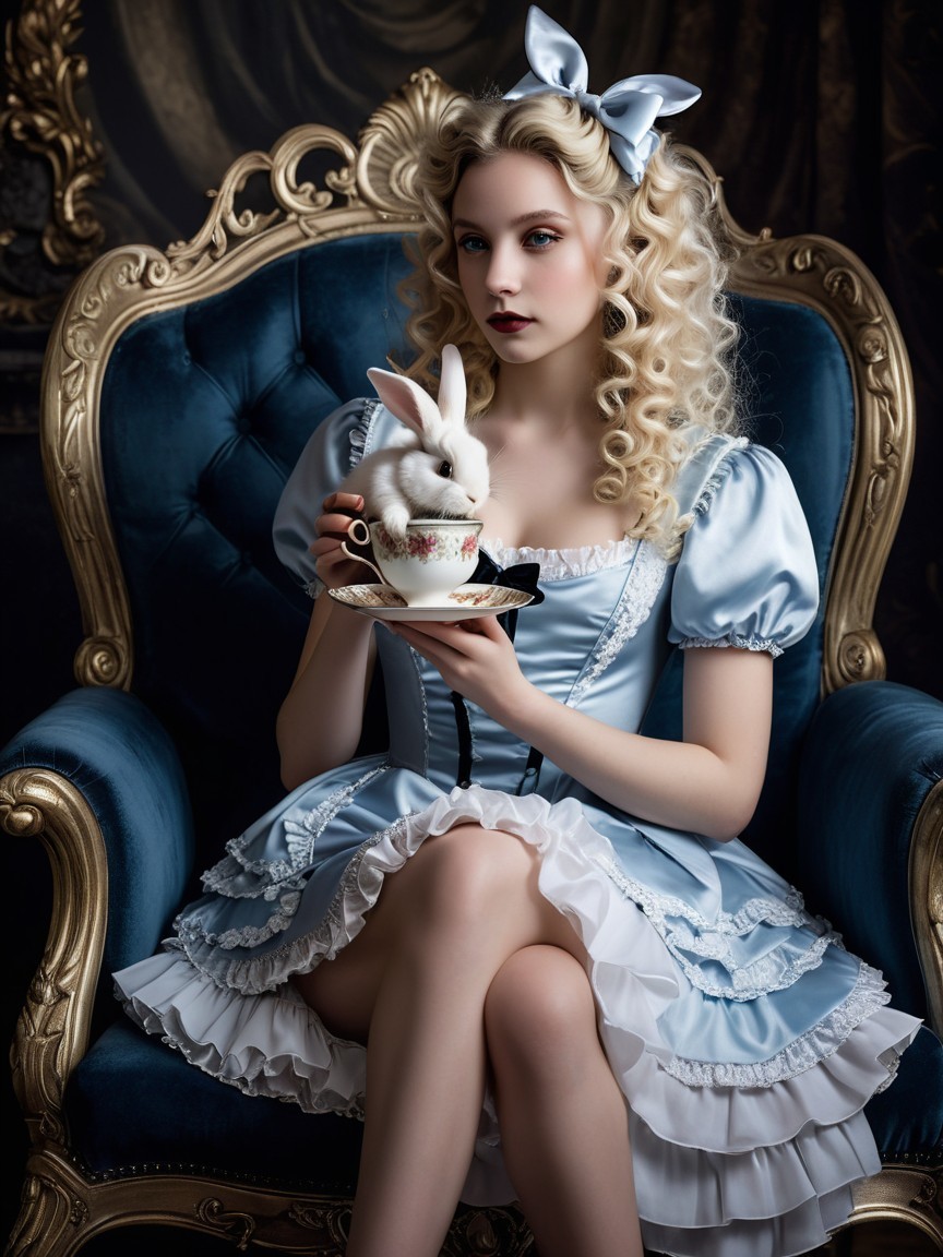 Young Woman in Vintage Dress with Rabbit and Teacup