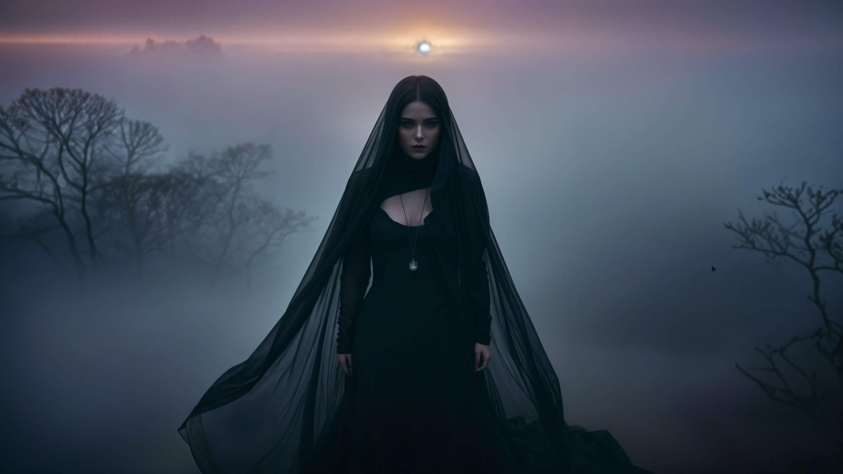 Mysterious figure in a misty, ethereal landscape