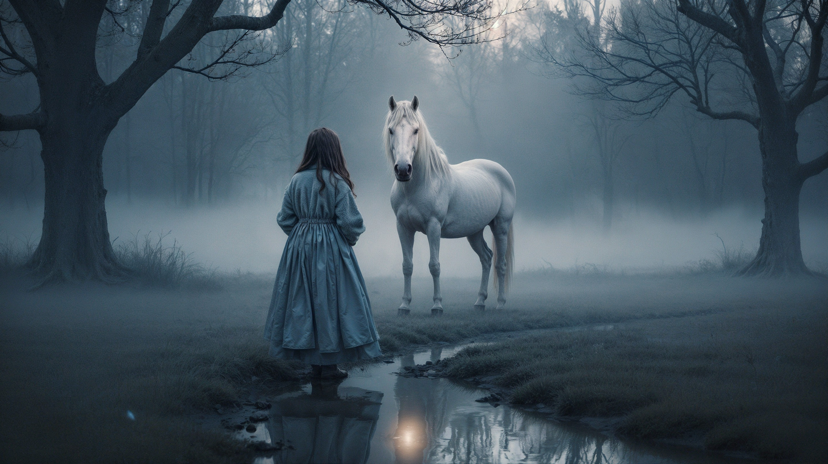 Misty Landscape with Girl and White Horse in Harmony