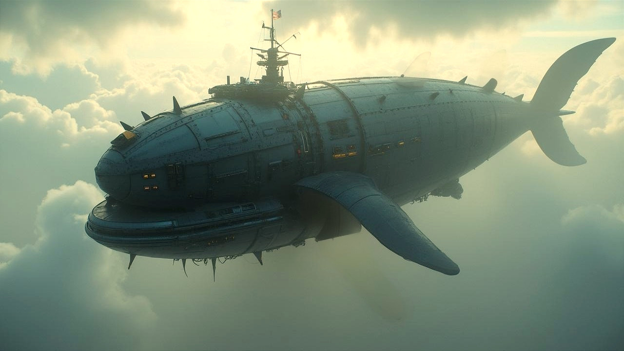 Futuristic Whale-Shaped Airship in Dreamy Sky