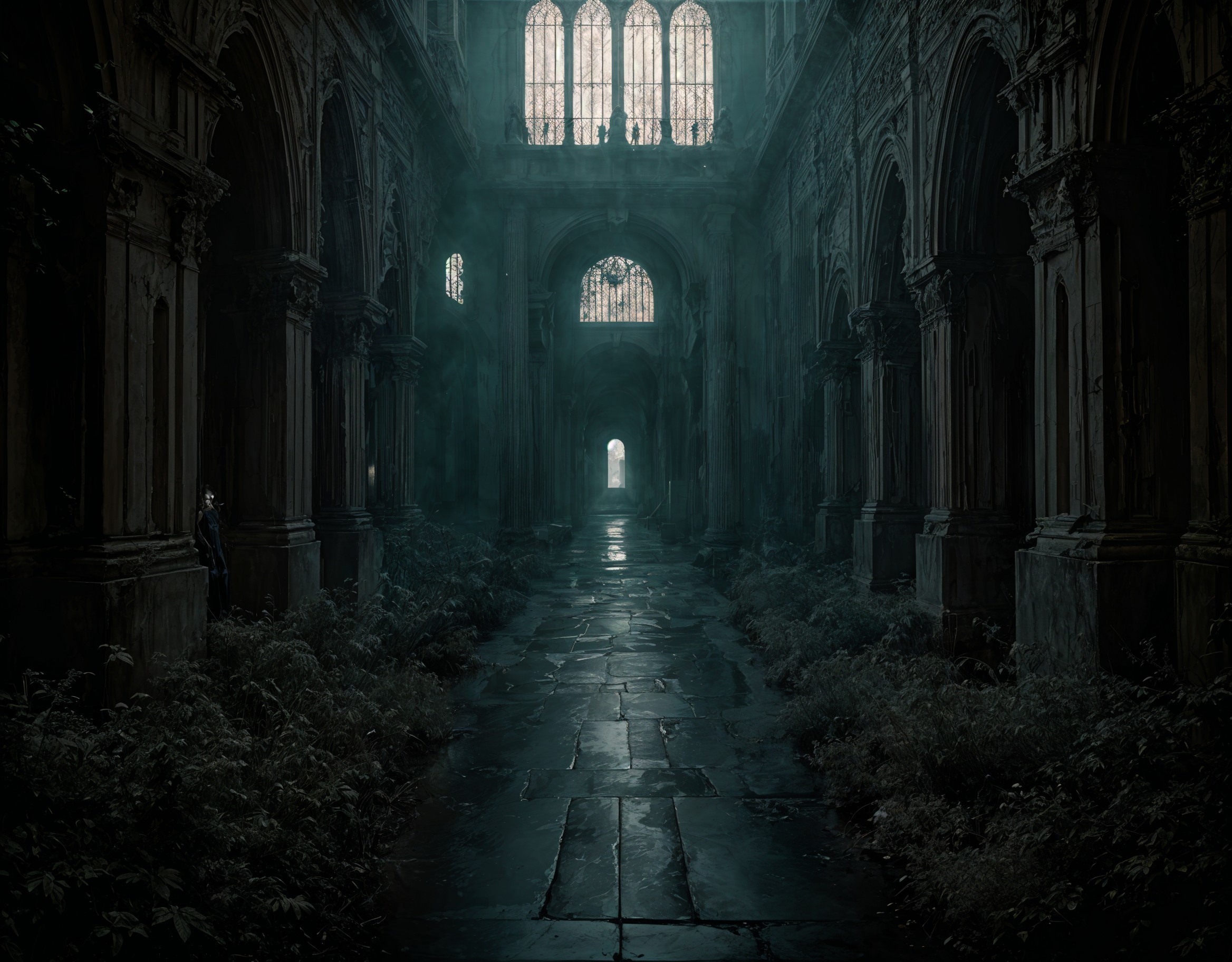 Abandoned Cathedral with Stained Glass and Vegetation