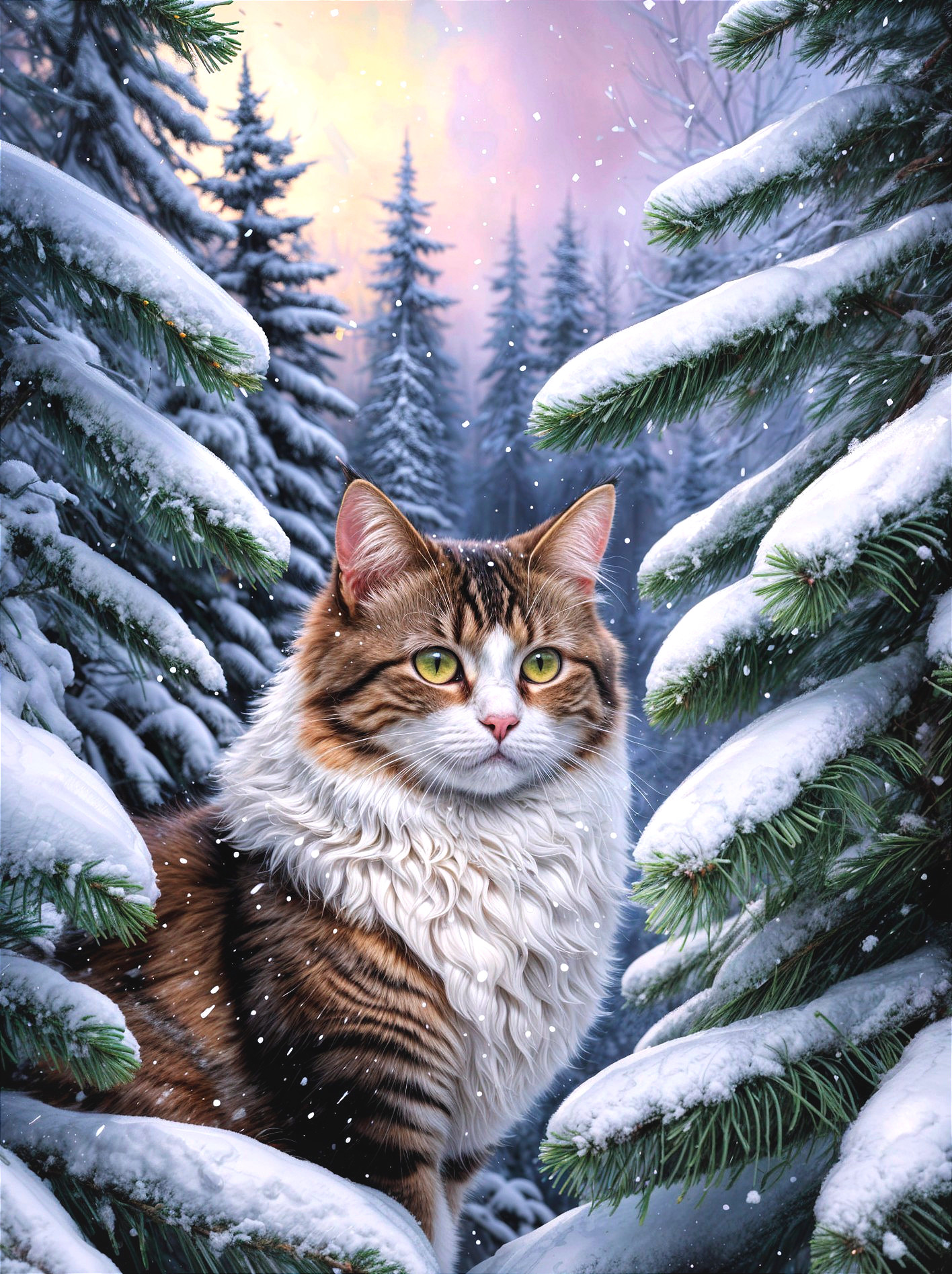 Majestic Cat in Snowy Evergreen Landscape at Dusk