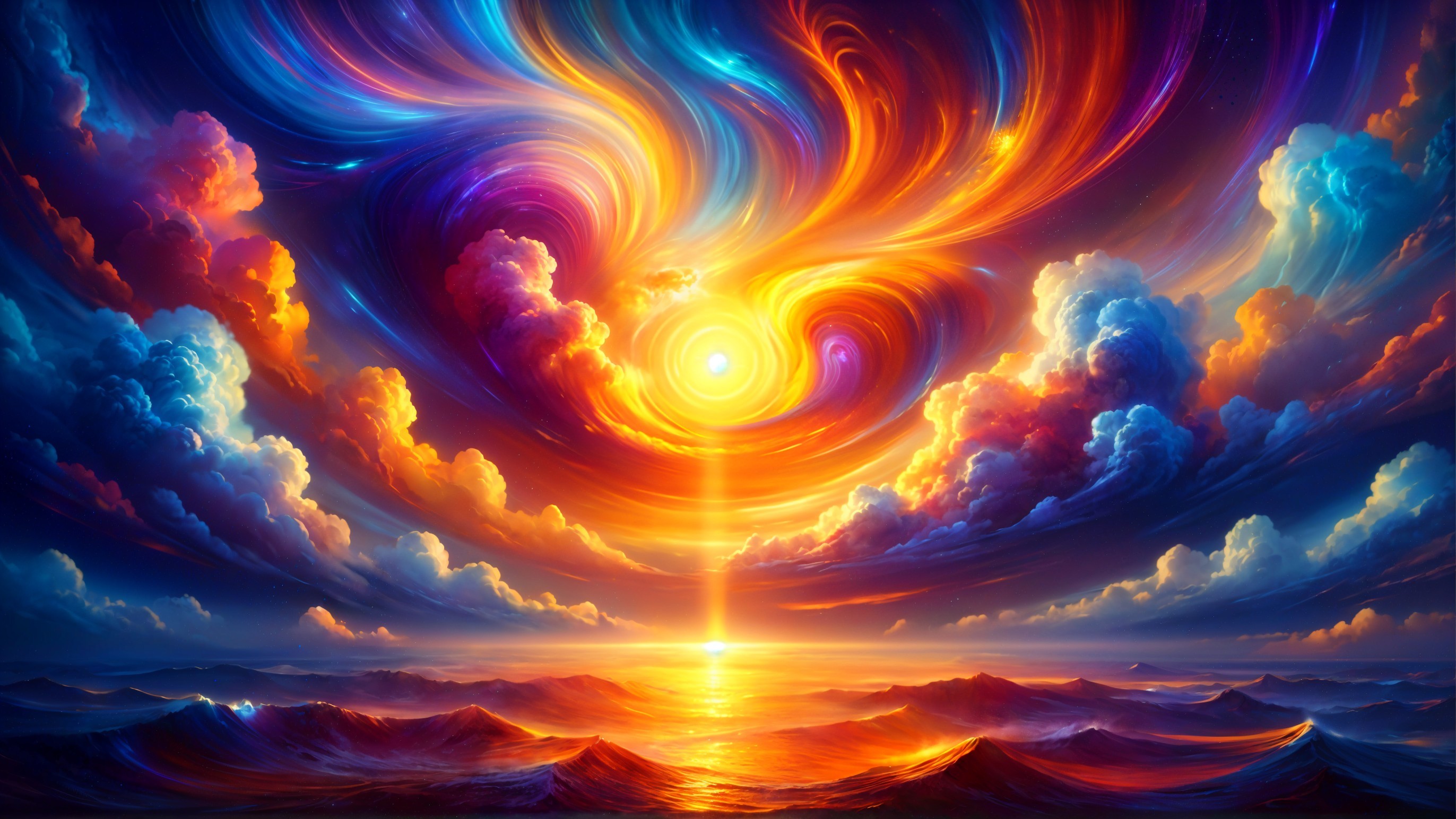 Surreal Sunset with Colorful Clouds and Calm Sea