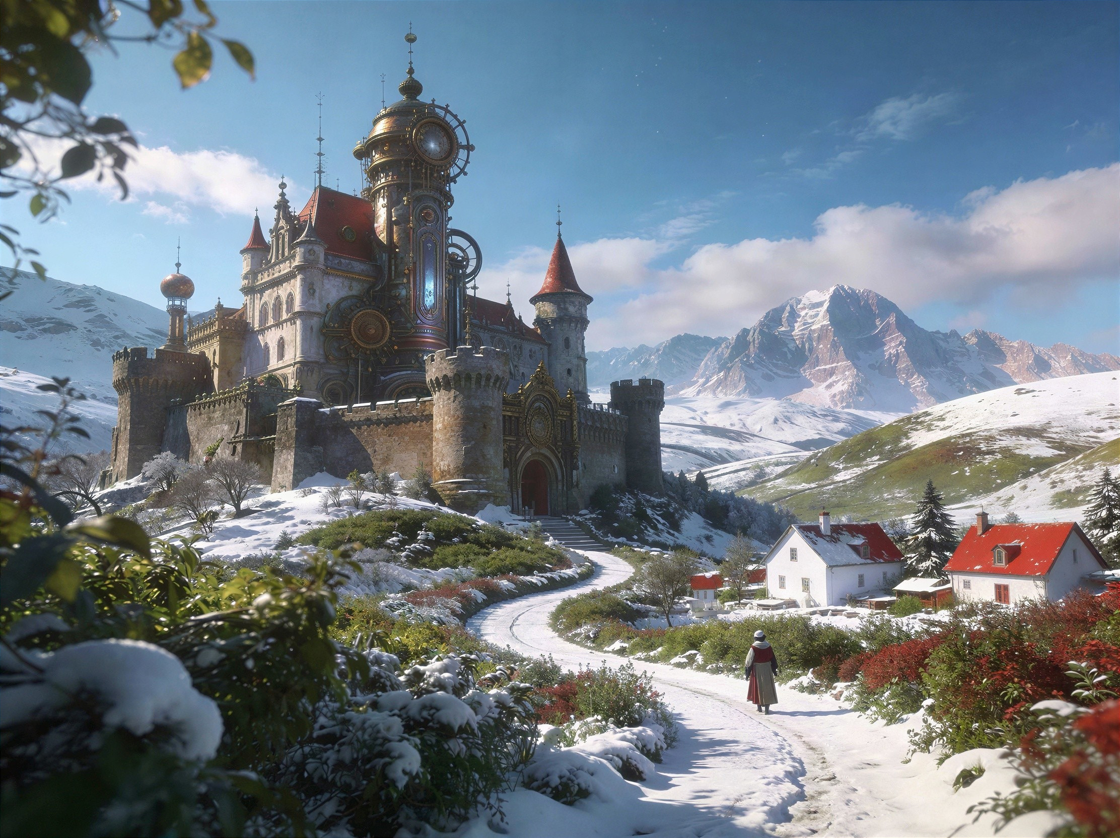 Steampunk Castle on Snowy Hill with Winter Landscape