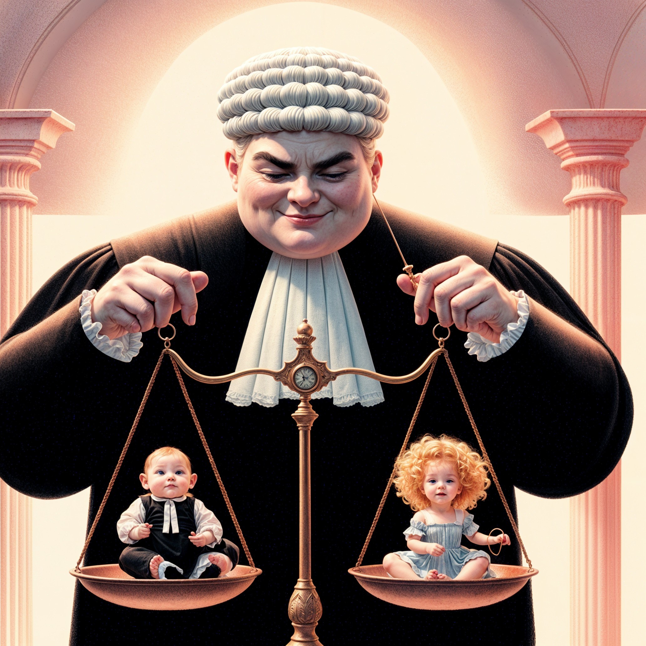 Whimsical Courtroom with Babies on Scales of Justice