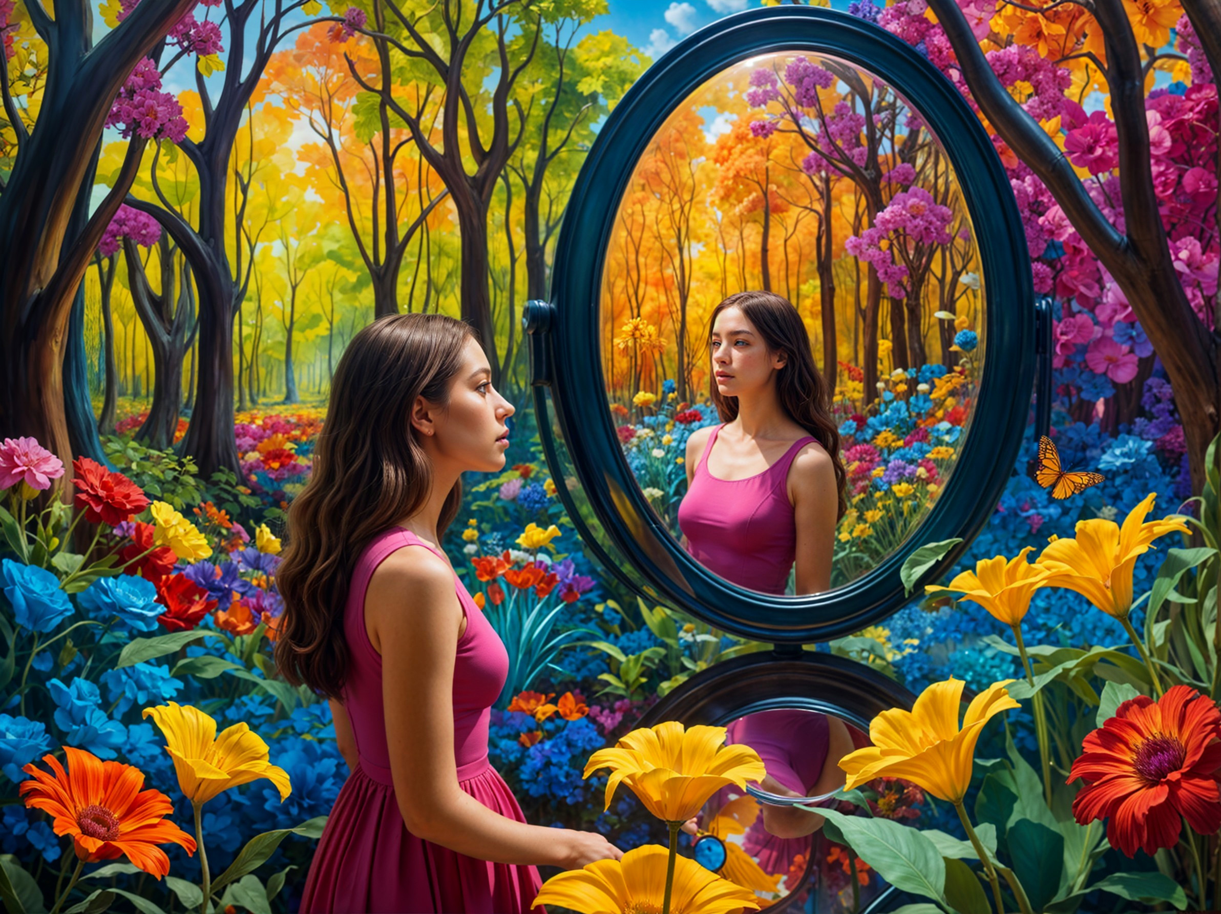 Young Woman in Pink Dress in Colorful Forest Scene