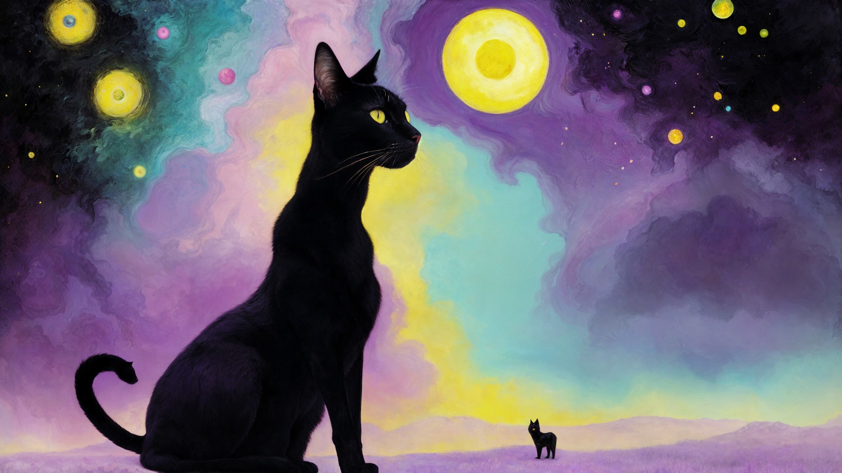 Majestic black cat in a vibrant cosmic landscape