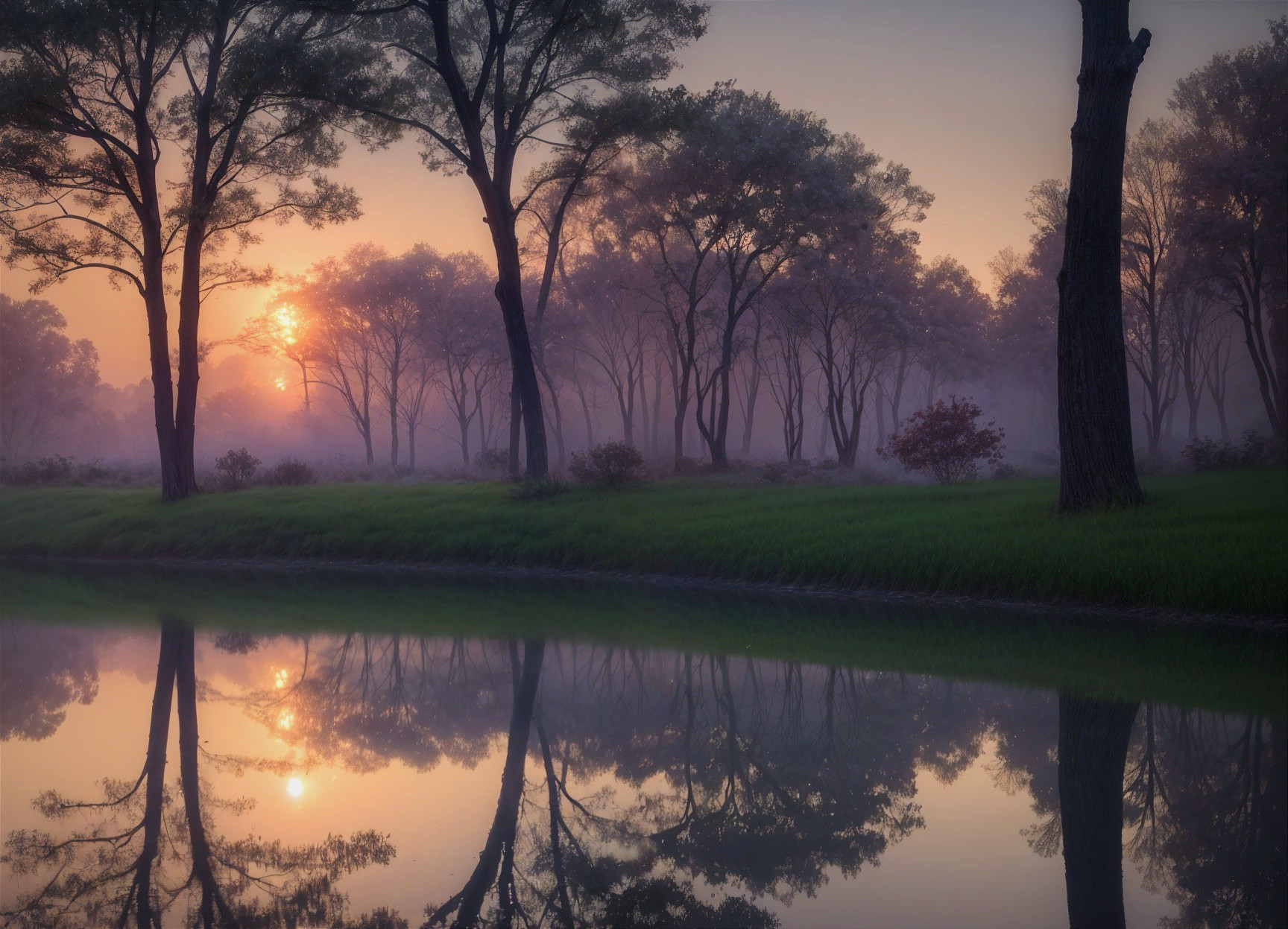 Tranquil Dawn Scene with River and Sunrise Reflections