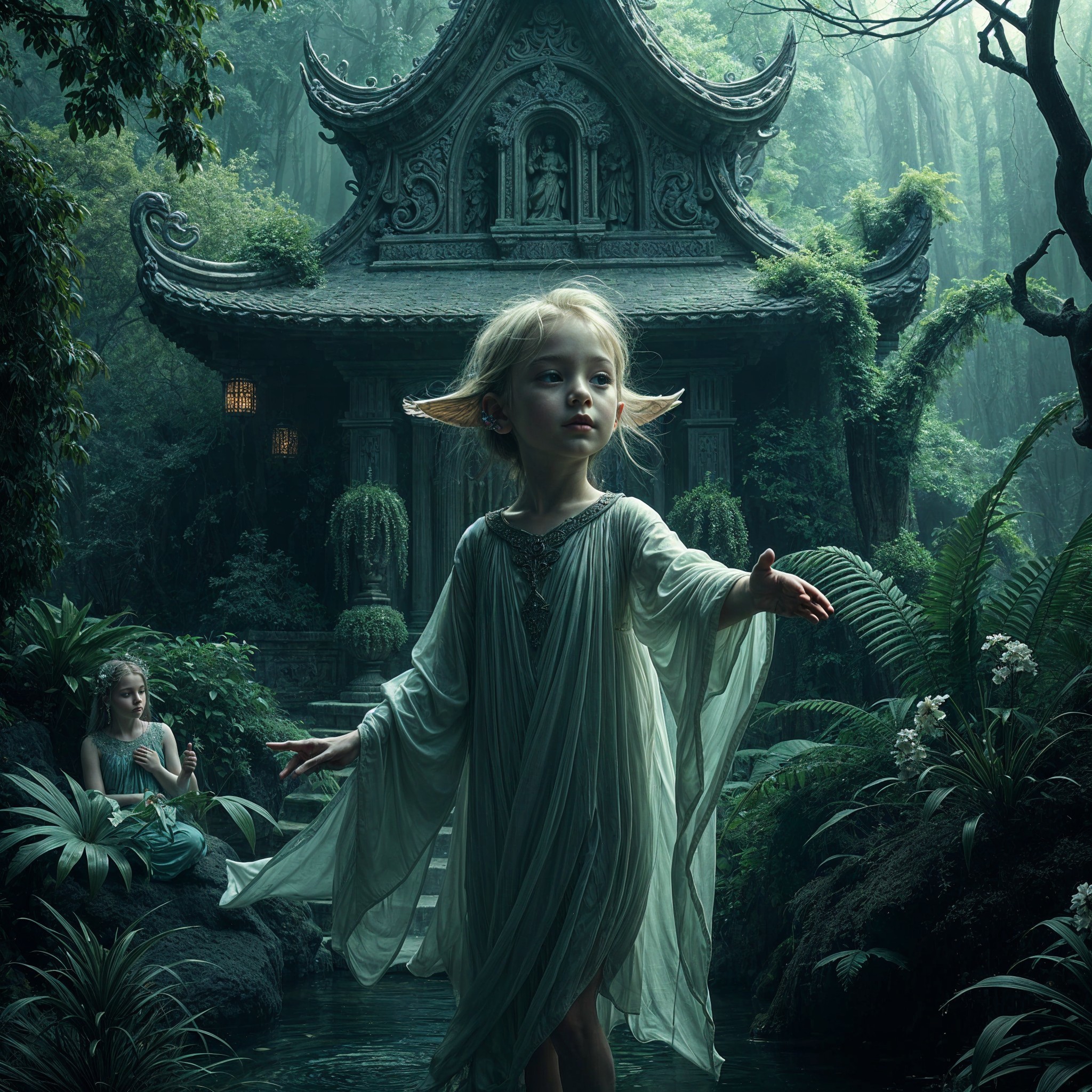 Whimsical Scene in an Enchanted Forest Temple