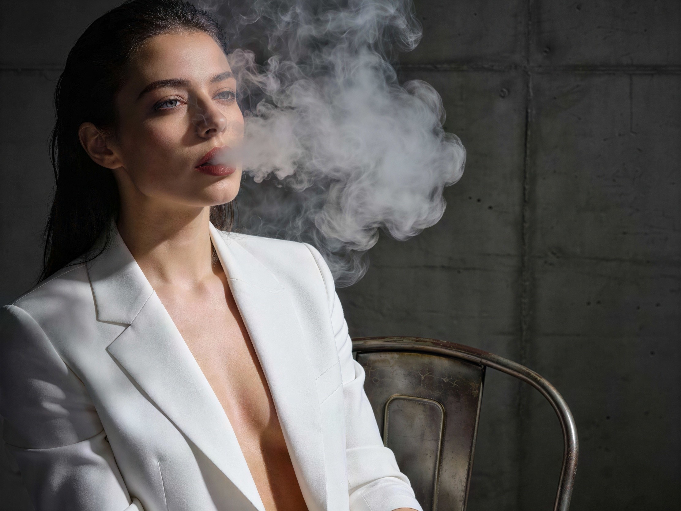 Woman in White Blazer Exhaling Smoke in Concrete Setting