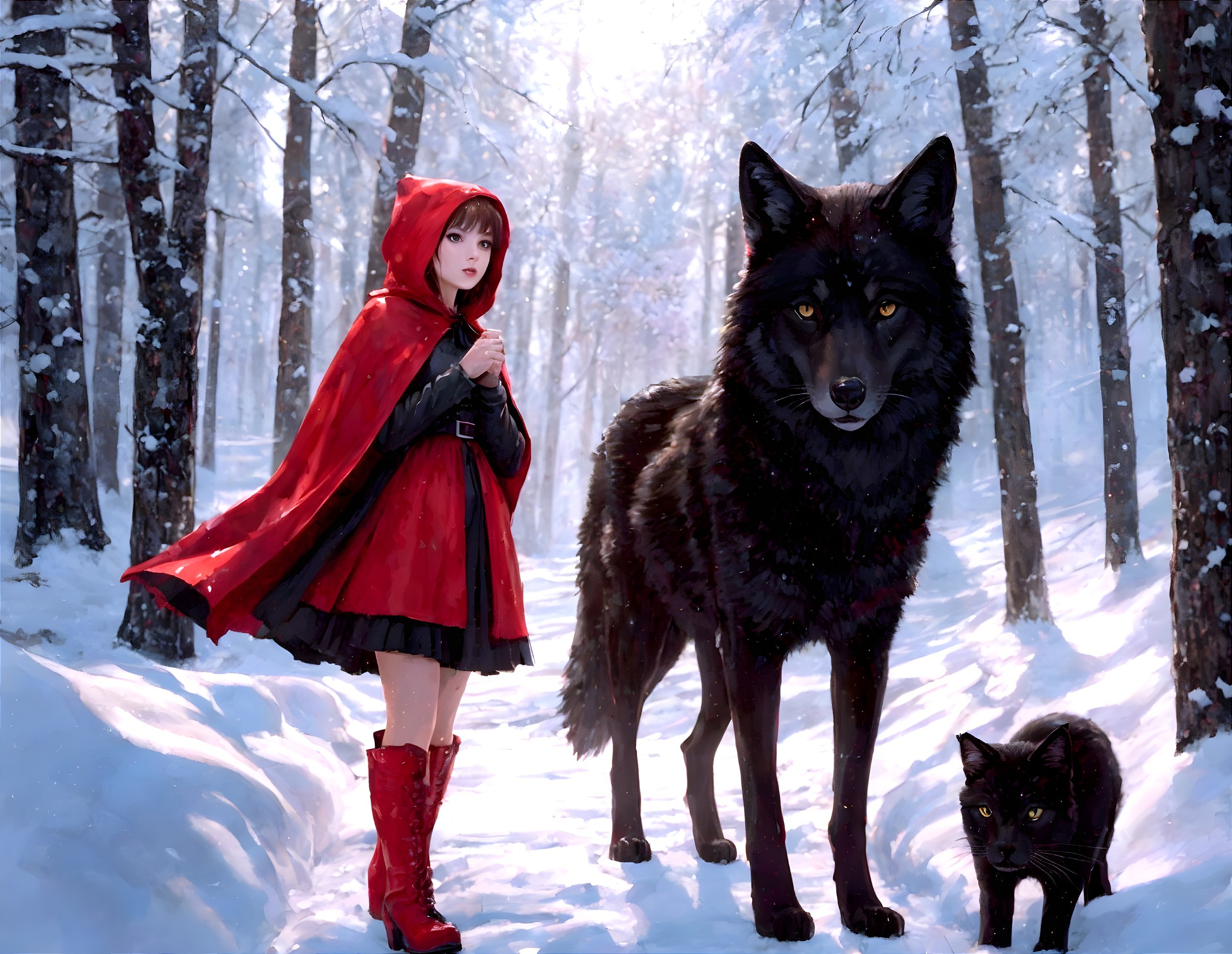 Snowy Forest Scene with Girl, Wolf, and Cat