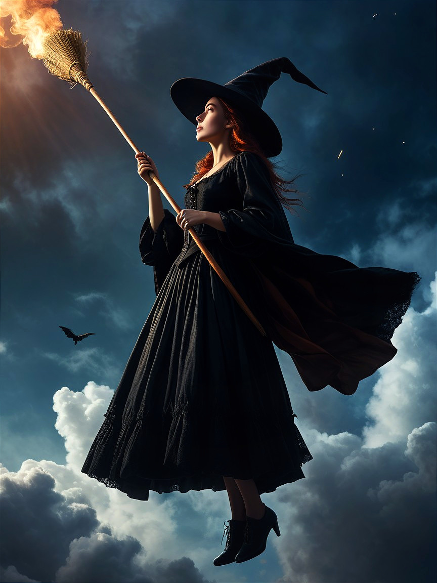 Woman in Black Dress with Broom in Mystical Sky