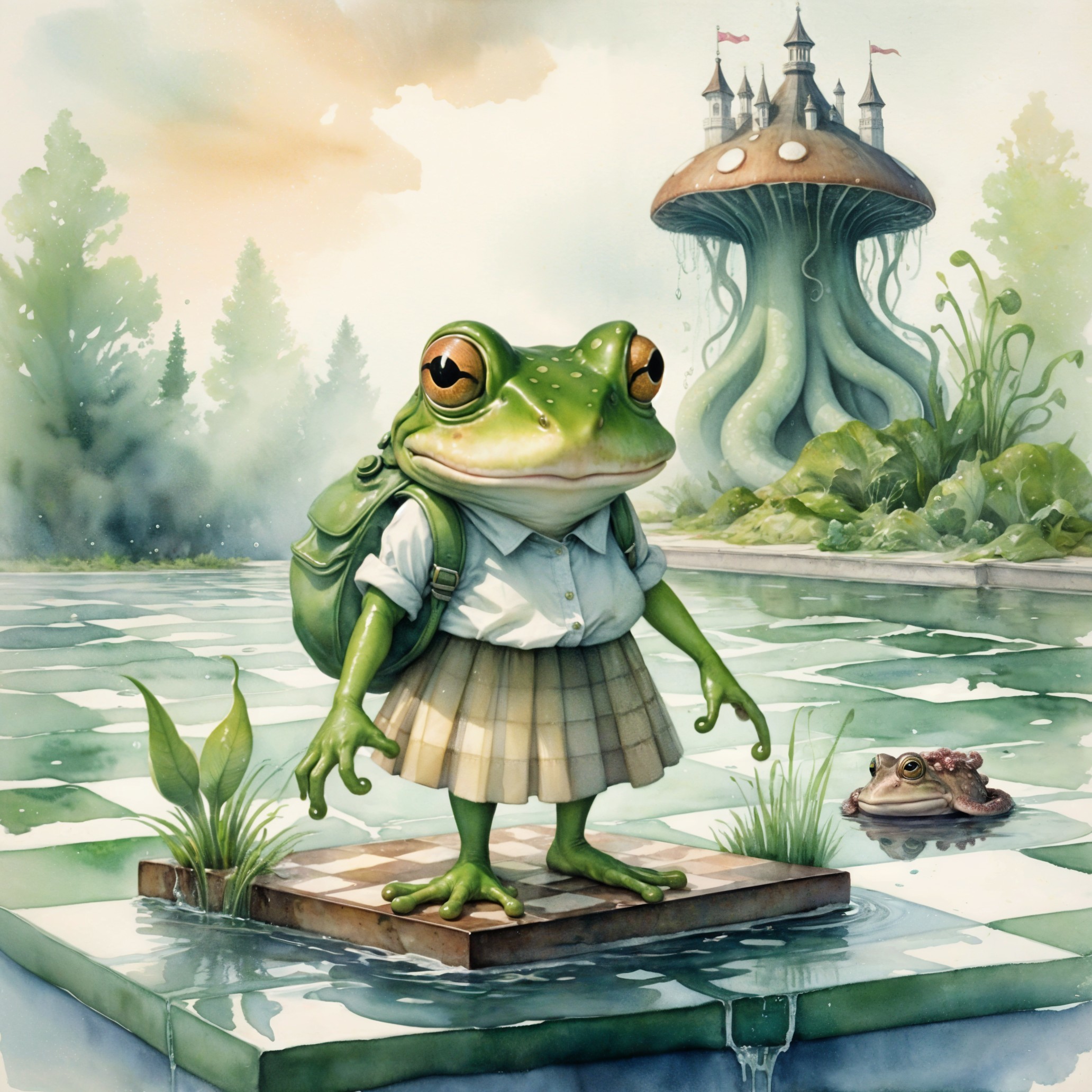Whimsical Frog on Lily Pad in Enchanted Landscape