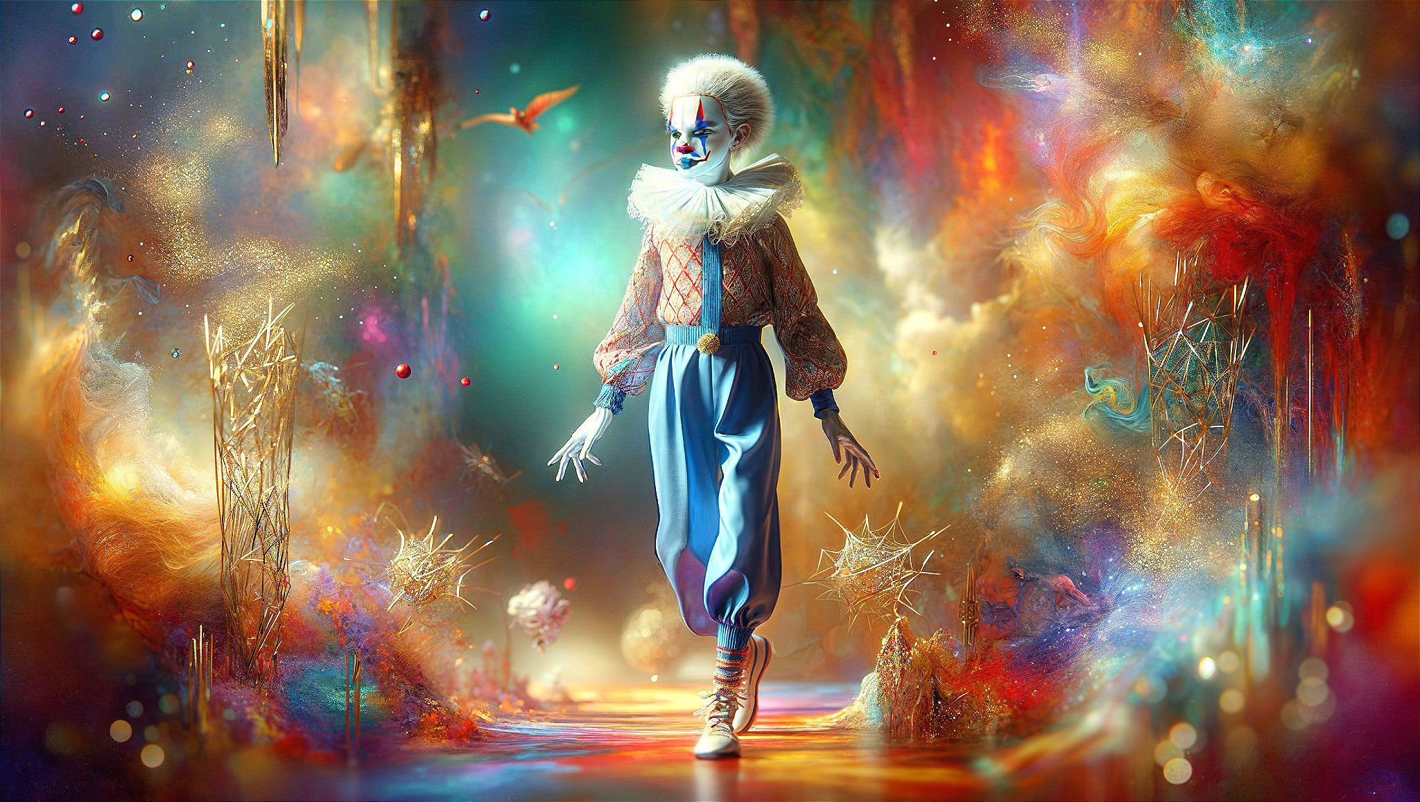 Whimsical Clown in a Vibrant Dreamlike Landscape