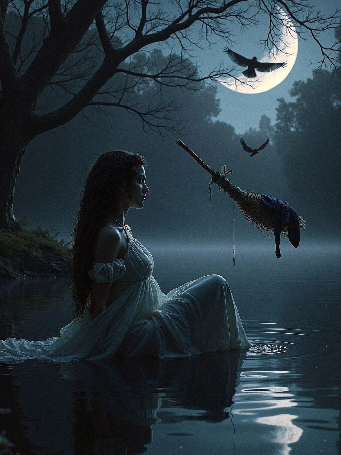 Twilight Lake Scene with Ethereal Woman and Broomstick