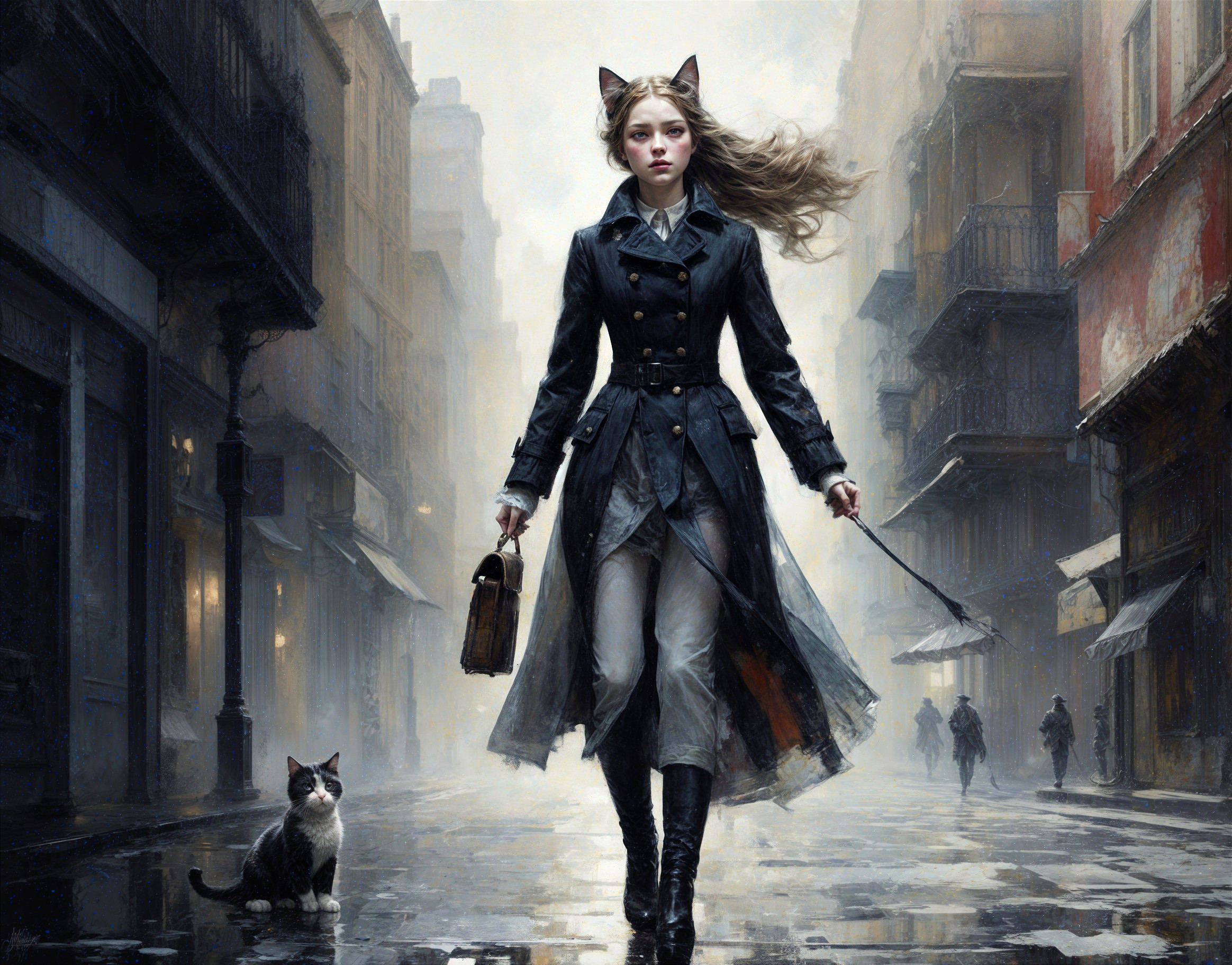 Woman in trench coat walks cat on misty street