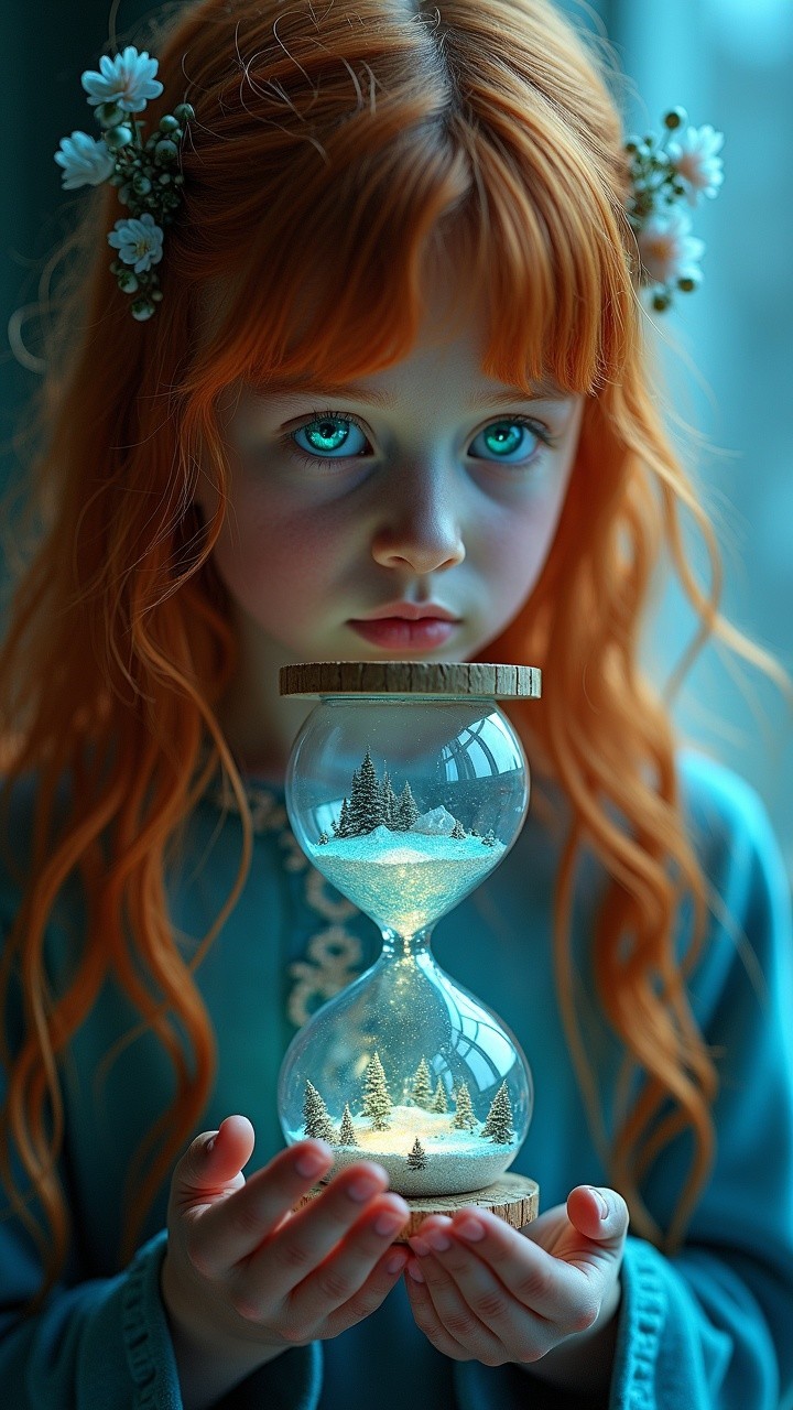 Young girl with blue eyes and red hair holding hourglass