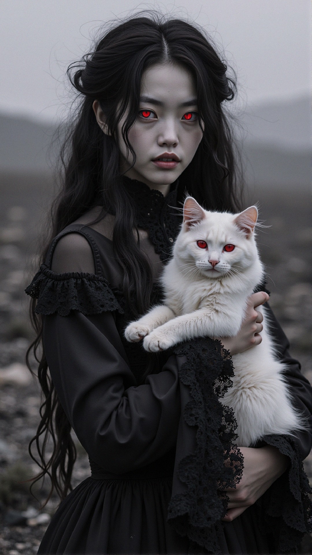 Mysterious Woman with Cat in Desolate Landscape